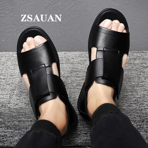 ZSAUAN Roman Style Black Flat Sandals for Men Cow Split Leather Comfortable Summer Shoes