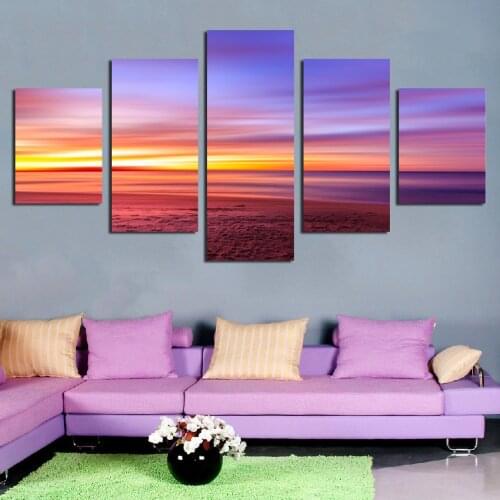 5Pcs Pink Gold Color Cloud Dusk Beach Seascape Sky Water Sky One Color Photography Art Hd Printing Poster Decorative Painting