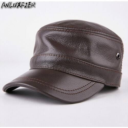 B-7190 Adult Winter Leather Hat Genuine Leather Peak Baseball Cap Hip Hop Hats Mens Winter Warm Head Wear Adjustable Size