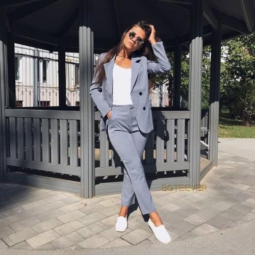 Wenfly Women Blazer Office Striped Two Piece Sets Outfits Double Breasted Jacket Outerwear High Waist Full Length Trouser