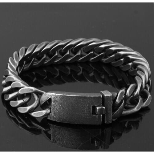 New Design Retro Black Bracelet Men Cuban Stainless Steel Chain Wide Bracelets Male Fashion Jewelry 13/15mm