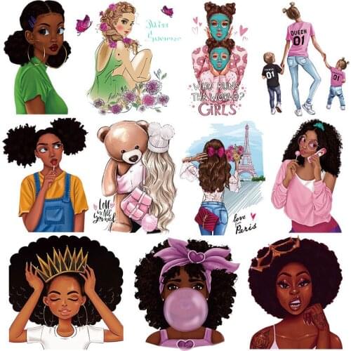 CQ-African Girl Clothes Badge Patches Heat Transfer Sweatshirts Tops Heat Press Vinyl DIY Washable Heat Patch Black