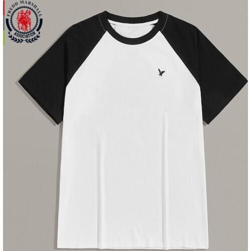 Fredd Marshall New 100% Cotton Patchwork T-Shirt Casual Eagle Embroidery O-Neck T Shirts Male Raglan Sleeves Classic Tops 363