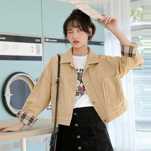 2021 Korean Solid Turn-down Collar Student Short Denim Jacket Casual Loose Single-breasted Streetwear Jacket Autumn Pockets Coa