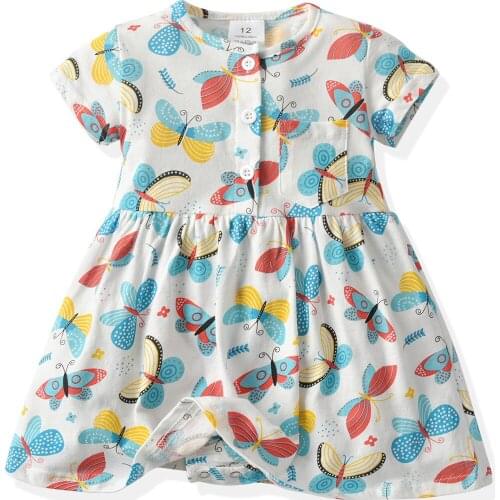 2021 New Hot-Selling Girls Dresses Short-Sleeved Butterfly Print Romper Skirt Baby Dress Girl Bodysuit Cotton Clothes 6-24 Month