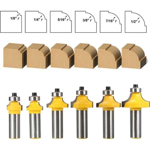 FNICEL New 6Pcs 1/2" 1/8" 1/4" 5/16" 3/8" 7/16" 1/2" Shank Round Over Edging Router Bit Set Woodworking Tools Set