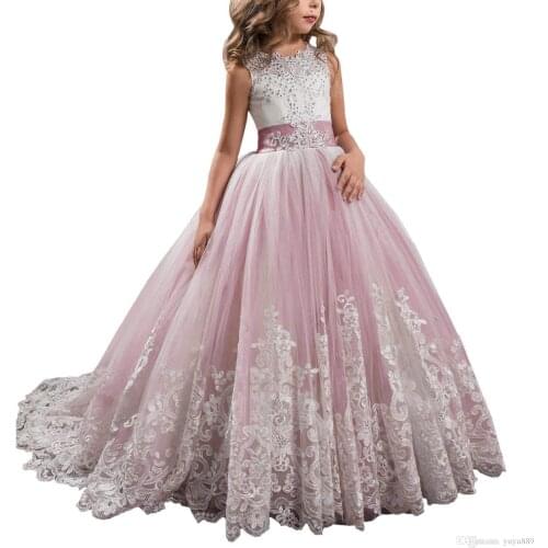 New Arrival Lace Ball Gown Flower Girl Dresses For Weddings Appliques Little Girls Pageant Dress Short Sleeves Pearls First Comm