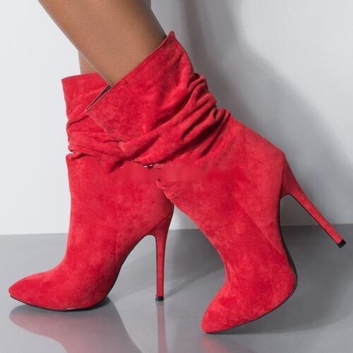 New Arrivals Red Suede Women Mid-calf Boots Pointed Toe Pleated Loose Fall Winter Runway Boots Shoes High Heeled Plus Size 10