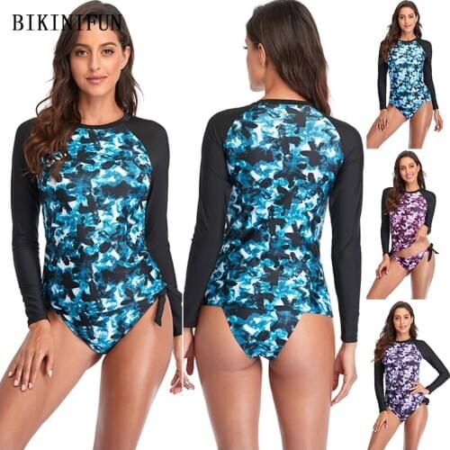 2021 New Long Sleeve Swimsuit Women Floral Patchwork Swimwear High Neck Surfing Suit S-2XL Girl Belly Covered Bow Knot Beachwear