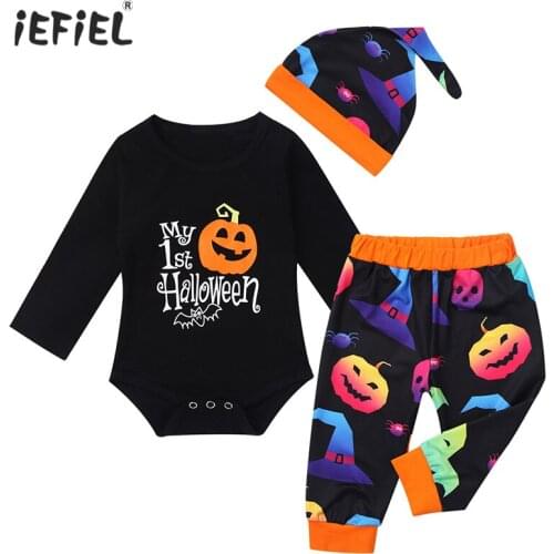 Newborn Baby Boys Girls Clothes My 1st Halloween Party Baby Outfit Long Sleeve Cartoon Pumpkin Printed Romper with Pants Hat Set