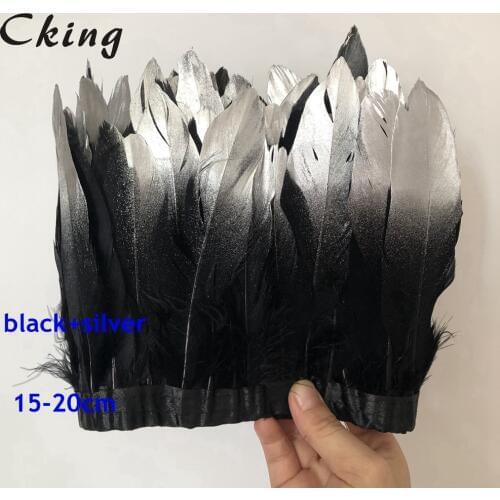 Black Goose Feather Trims 10 Yards 6-8inches 15-20cm silver paint Fringes Ribbons for Dress Skirt Cloth Belt decorative Clothing