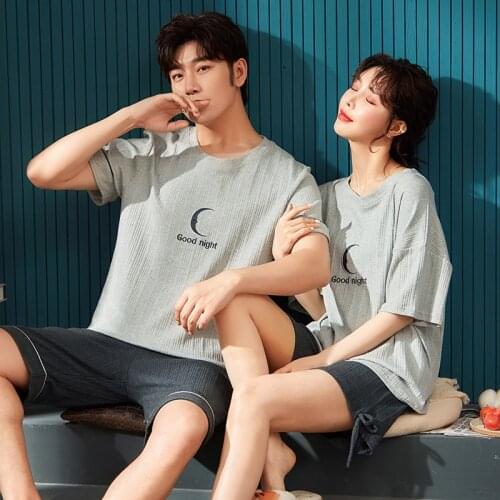Couple Pajamas Sets Summer Casual Cotton O-neck Plus Size Homewear For Men Fashion Moon Printed Couples Sleepwear Maiden Pajamas