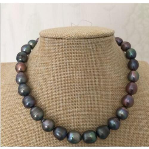 Stunning 12-13mm tahitian black green red pearl necklace 18inch 925silver