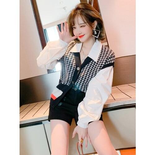 Stitched Lantern Sleeve thousand bird check contrast stripe fake two piece knitted cardigan womens wear Spring new Top Quality