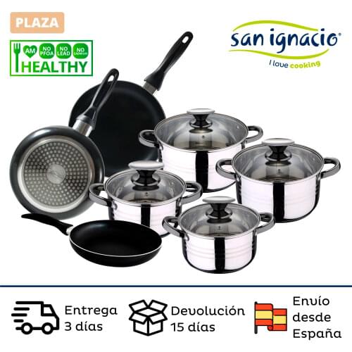 Kitchen battery 4 pieces in stainless steel with 4 glass lids and 3 pans (18,20,24cm) in aluminum SAN IGNACIO Premium