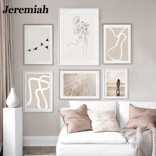 Nordic Fashion Simple Bohemian Canvas Poster Abstract Lines Beige Mushroom Sky Ladies Back View Wall Artist Home Decoration