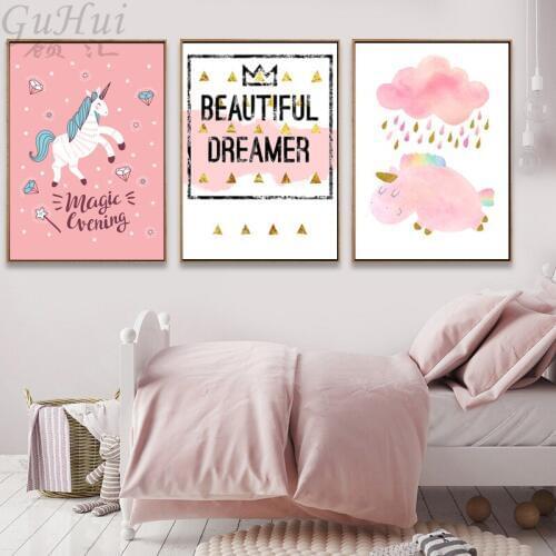 Nordic Style Nursery Cartoon Girl Unicorn Flamingo Poster and Print Wall Art Canvas Painting Picture for Living Room Home Decor