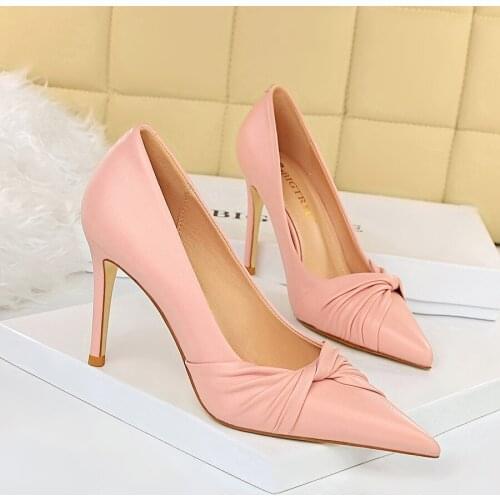 Womens Summer Bow Hight Heels 9.5cm White Leahter Wedding Shoes Pink Bowknot Sweet Pumps Banquet Pleated Butterfly Heeled 43