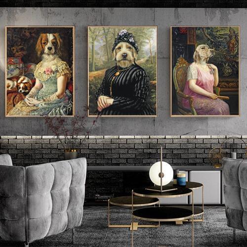 WANGART Vintage Art Poster Dog Animal Retro Nostalgia Gentlewoman Oil Painting Print Wall Canvas Picture Living Room Home Decor