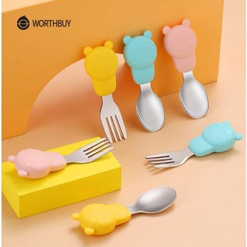 WORTHBUY Carton Pilot Tableware For Kids 18/8 Stainless Steel Spoon Fork Dinnerware Set With Silicone Handle Kitchen Dinner Set