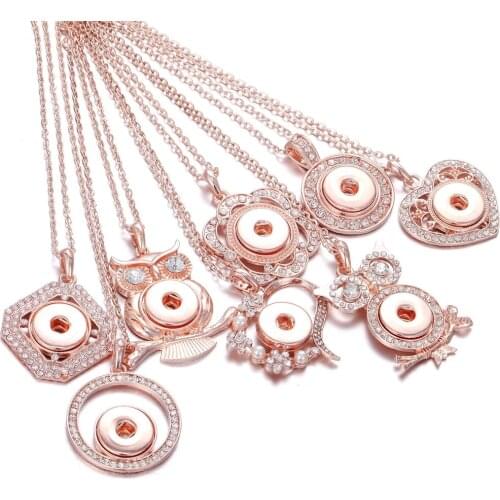 New Snap Jewelry Pendants Rose Gold Plated Butterfly Flower Owl Love Snap Button Necklace Fit 18mm Snap Button Jewelry for Women