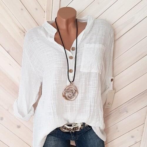 Oversized Women Blouses Cotton Linen Blouse Autumn Shirts Casual Long Sleeve Button V Neck Loose Shirt Tops Plus Size Blouse