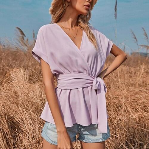 Womens Elegant Slim V-Neck Bow T-Shirt Tie Fan-Shaped Cross Breathable Slim Waist Purple Short Sleeve Top