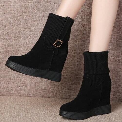 Women Cow Leather Wedges High Heel Ankle Boots Female Round Toe Winter Warm Platform Pumps High Top Knitting Fashion Sneakers