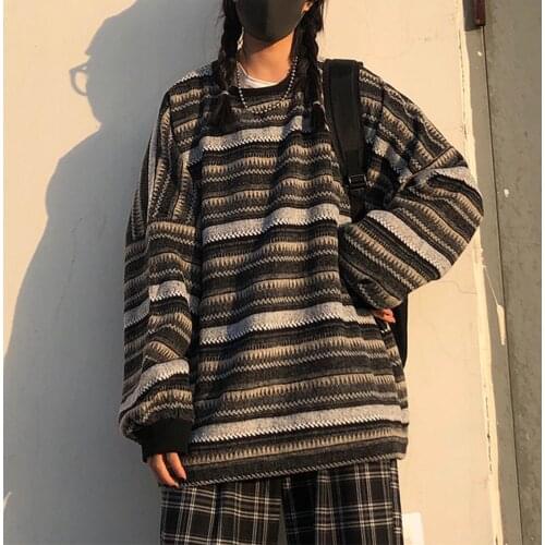 Women Striped Sweatshirt Pullover Oversize Sweater Plus Size Knitted Long Sleeve Y2k Genshin Impact Кофта Женская Ropa Mujer