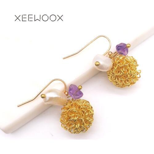 Big Golden Color Wire Ball Creative Design Natural Stone Pearl Statement Woman Girl Drop earring XEEWOOX Bohemia Boho Party Gift