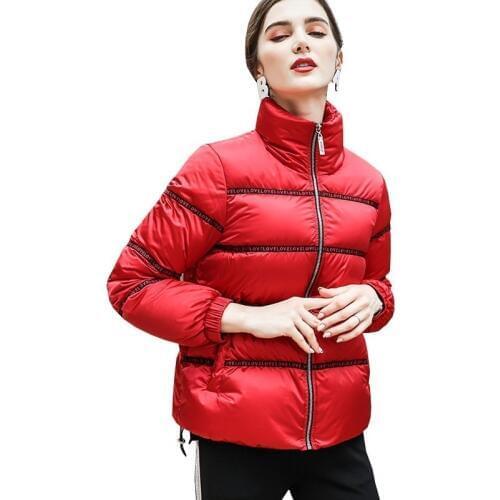 Red And Black Strips Down Jacket Women 2018 New Winter Thin And Light Fashion High Collar Short Loose Female Feather Coats HJ64
