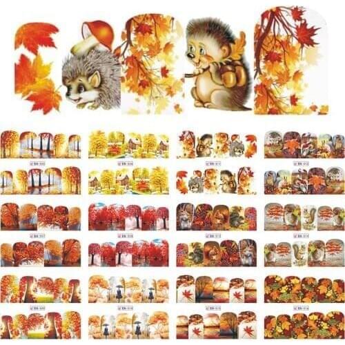 12 Designs Bladgoud Maple Nail Stickers Herfst Cute Animals Water Transfer Decals Wraps Nail Art Sliders Manicure BN505-516