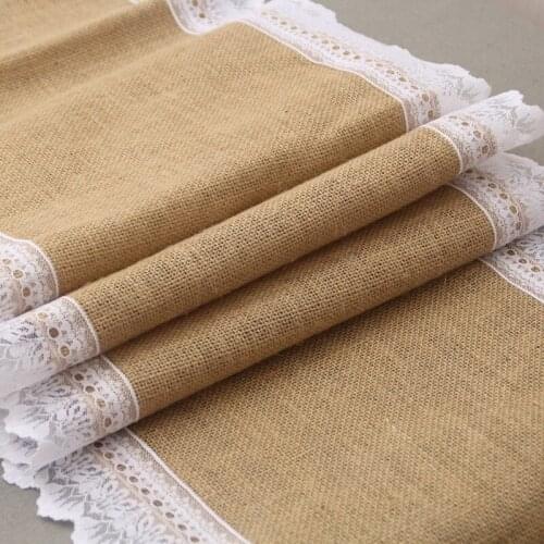 30*275cm Natural Lace Jute Burlap Lace Hessian Table Runner Rustic Natural Jute Country Vintage for Wedding Banquet Decoration