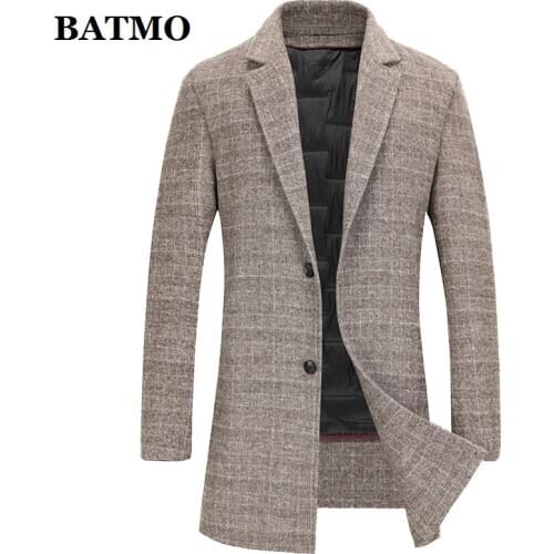 BATMO 2020 new arrival autumn&winter white duck down liner wool trench coat men,mens plaid wool coat,plus-size LB55