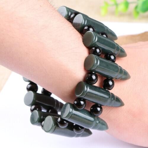 NATURAL DARK GREEN STONE BRACELET CHINESE HAND-CARVED BULLET HEAD HAND STRING BRACELET BANGLES MENS FASHION JADES JEWELRY