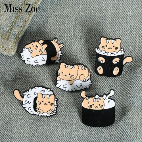 Cat Sushi Rice Ball Enamel Pins Custom Cute Animals Japanese Foods Brooch Lapel Badge Bag Cartoon Jewelry Gift for Kid Friend