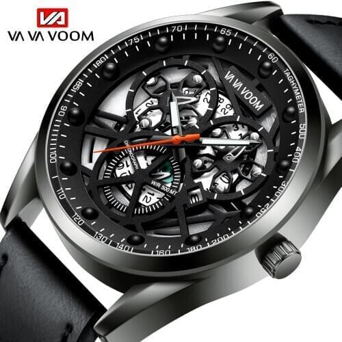 Men Watch Leather Band Sports Date Analog Alloy Military Quartz watches man watches Hollow Skull skeleton clock Date relogios