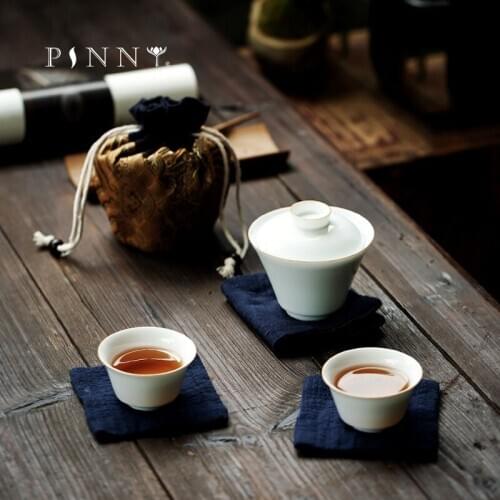 PINNY Jingdezhen Sweet White Porcelain Teaware Set With Bag 1 Gaiwan 2 Cups Portable Tea Set Pigmented Outdoor Travel Drinkware
