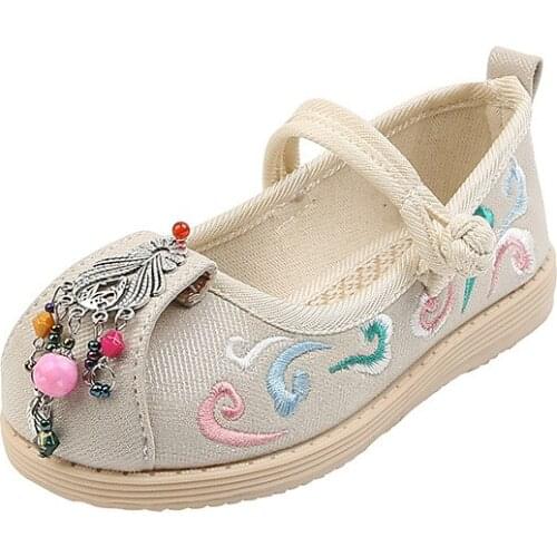 Childrens Embroidered Shoes 2021 Spring New Girls Cotton Shoes Baby Costume Performance Shoes Girls Soft -sole Breathable Flats