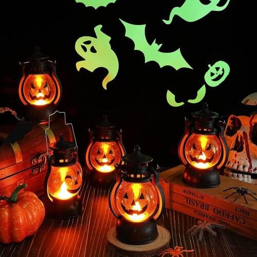 Halloween Pumpkin Skull Lamp Mini Candle Lantern Fall Decor Ghost Lantern Led Night Light with Battery for Halloween Bar Party H