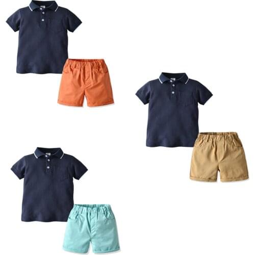 Little Boy’s Cotton Short-sleeved Suit Fresh Solid Color Lapel T-Shirt and Elastic Short Pants Childrens Clothes Baby Suit