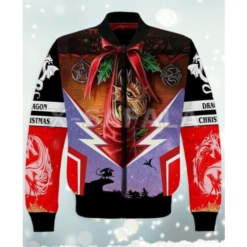 Men Unisex 3D Bomber Jackets Christmas Gift Dragon Print Zipper Flight Jacket Casual Thick Coat Unisex Harajuku Women Streetwear