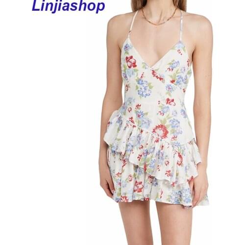 Summer Women Sweet Floral Print Sexy Sling Dress Female Sleeveless V Neck Asymetric Mini Dress Holiday Party Vestido