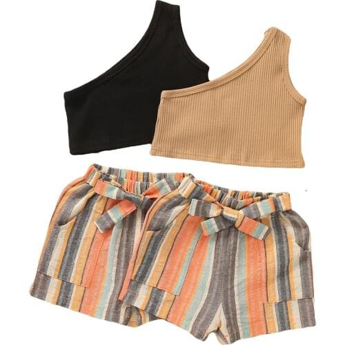 Toddlers Girl’s Summer Two Piece Set Fresh Solid Color Oblique Shoulder vest and Stripe Bandage Short Pants Clothes