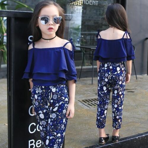 Fashion Summer Girls Clothing Set 2019 Kids Off Shoulder Tops Floral Pants 2 Pcs Kids Outfits Big Girls Clothes 5 6 7 8 Years