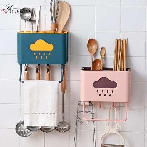 OYOURLIFE Wall Mounted Multi-function Tableware Holder With Hook Kitchen Chopsticks Fork Spoon Drainage Rack Cutlery Organizer