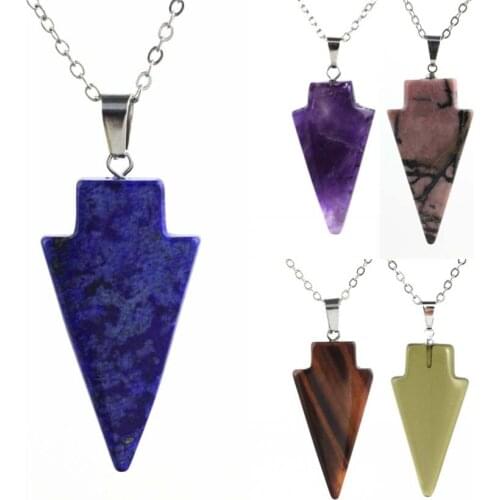 KFT Natural Amethysts Crystal Quartz Stone Triangle Arrows Pendant Healing Chakra Pointed Reiki Stone Pendant Chain Necklace