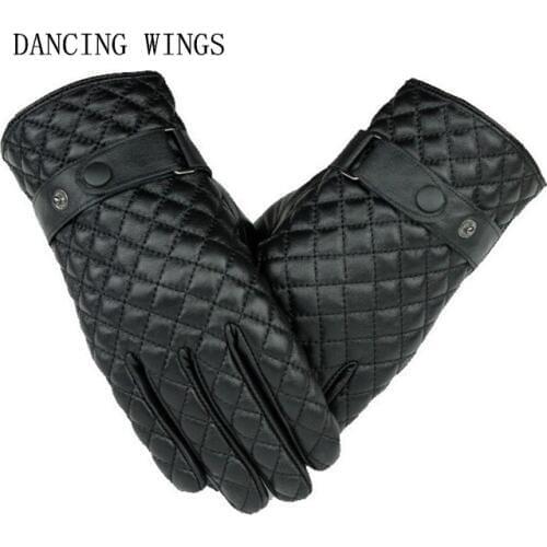 Fashion Lattice Man Genuine Leather Gloves Warm Winter Gloves Mittens Thicken Lining Sheepskin Touch Screen Gloves