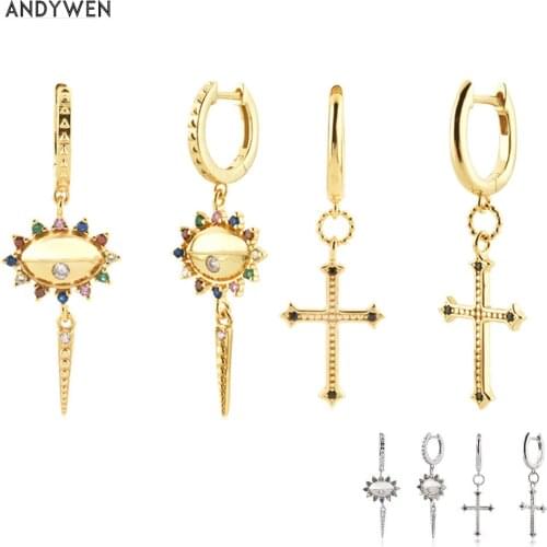 ANDYWEN 925 Sterling Silver Gold Gold Cross Rainbow CZ Drop Earring Pendientes Piercing Long Chain Women Wedding Jewelry Gift