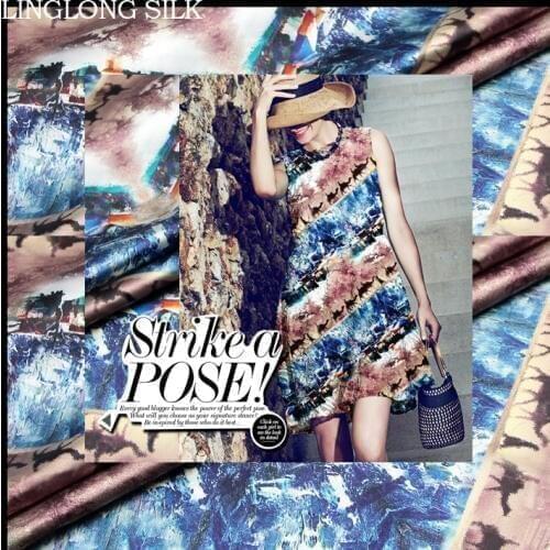 PRINTED SILK STRETCH SATIN 118cm width 19momme/Natural Silk Fabric Stretch Lycra Fabric Swan Lover Printed Pattern Silk Roads